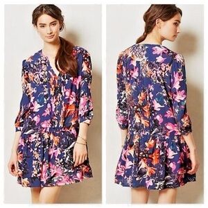 Maeve Anthropologie Dress XS Navy Blue Floral 3/4 Sleeves Pockets